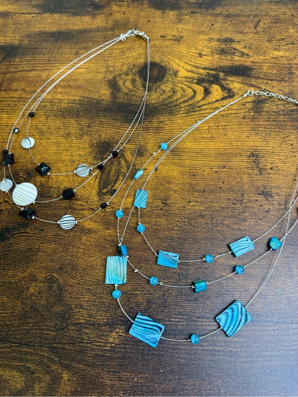 Multistrand Shell Bead Layered Necklace Bundle - Two Wire Strung Necklaces